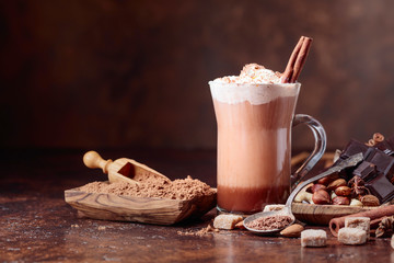 Cocoa with cream, cinnamon, chocolate pieces and various spices.