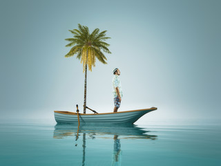 Young man and a palm tree standing in a boat, in the middle of ocean