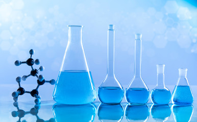 Laboratory equipment, lots of glass filled