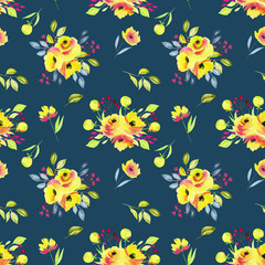 Watercolor yellow roses bouquets seamless pattern
