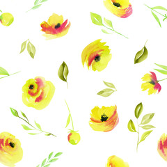 Watercolor yellow roses and green branches seamless pattern