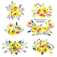 Yellow roses, branches and leaves bouquets collection, watercolor illustration