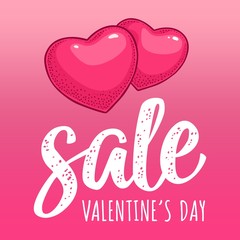 Two heart. Sale Valentine's Day handwriting lettering. Vector color engraving