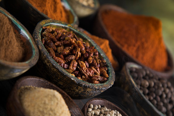 Assortment of spices in wooden bowl background