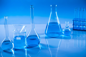 Laboratory equipment, lots of glass filled