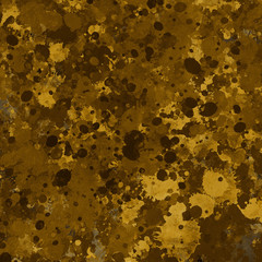 Isolated artistic gold watercolor and ink paint splatter textures and decorative elements on white paper background.