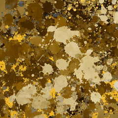 Isolated artistic gold watercolor and ink paint splatter textures and decorative elements on white paper background.