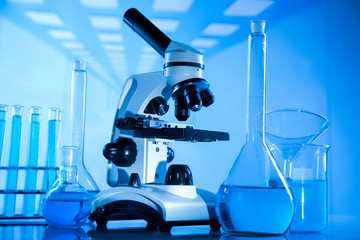Laboratory equipment, lots of glass filled