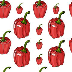 Seamless pattern of red  hand drawn sweet peppers. Ink and colored sketch  on white  background. Whole  objects.