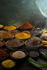 Aromatic spices, smoke and Still Life background