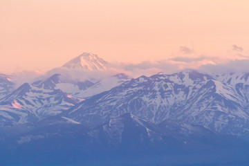 View of the Vilyuchensky volcano in sunrise, Kamchatka Peninsula, Russia