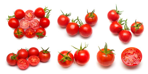 Tomatoes collection of whole and sliced isolated on white background. Tasty and healthy food. Flat lay, top view
