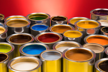 Collection of colored paints cans