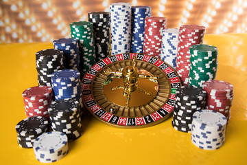 Casino roulette, running in a motion, Poker Chips