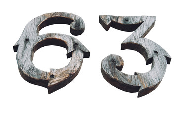 Handmade digits 6 (six) and 3 (three) made out of old-style weathered wood, house number plate, isolated on white