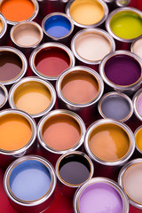 Collection of colored paints cans