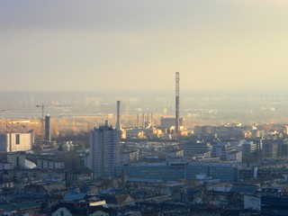 Aerial view from Gellert hill of industrial area in Budapest's outskirts under low visibility conditions 