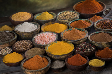 Assortment of spices in wooden bowl background