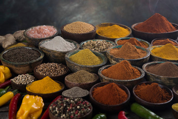 Assortment of spices in wooden bowl background