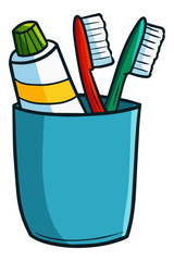 Cute and funny tooth brush and tooth paste in a glass - vector