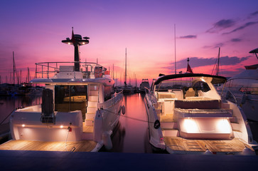 View of Harbor and marina with moored yachts and motorboats in pattaya thailand - obrazy, fototapety, plakaty