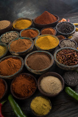 Assortment of spices in wooden bowl background