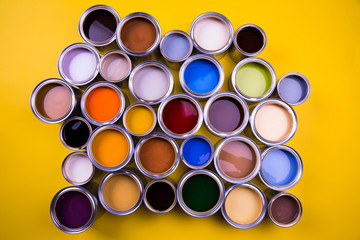 Paint cans color palette, yellow background