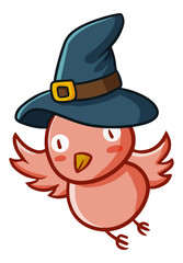 Cute and funny pink bird wearing witch hat for Halloween - vector.