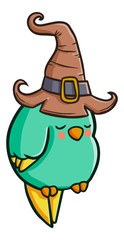Cute and funny sleeping fat bird wearing witch hat for Halloween - vector.