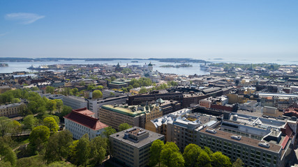 Fototapeta premium Aerial view of capital city of Finland. Beautiful blue sky in the sunny spring day.