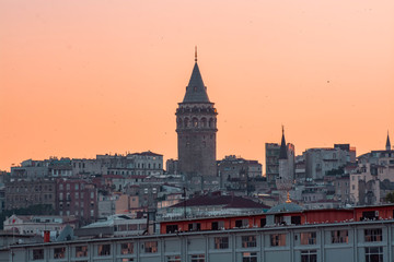 Galata Tower in Istanbul, Turkey at the sunset.