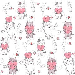 Stof per meter Cartoon schattig Valentijnsdag kat en hart naadloze patroon vector. © Meaw_sally