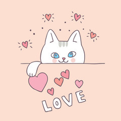 Cartoon cute Valentines day cat and love vector.