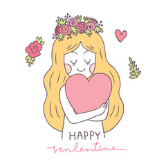 Cartoon cute Valentines day woman and heart  vector.