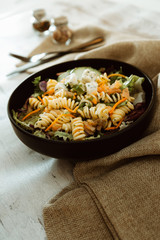 tasty pasta with salmon on a the table