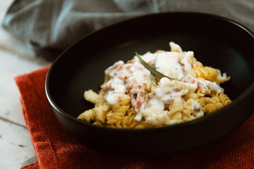 tasty Carbonara pasta on the table