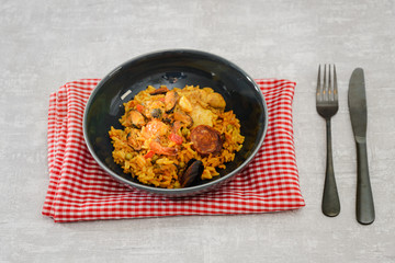 Prawn with rice - closeup of prawn with rice - traditionnal spanish food paella