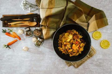 Prawn with rice - closeup of prawn with rice - traditionnal spanish food paella