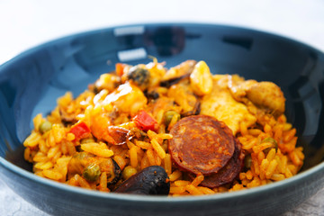 Prawn with rice - closeup of prawn with rice - traditionnal spanish food paella