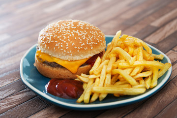 Cheese burger - American cheese burger with Golden French fries