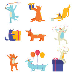 Set of festive cute dogs cheerfully celebrating holidays with festive cones on their heads, feververkami, gifts and cakes.