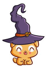 Cute and funny smiling dog wearing witch hat for Halloween - vector.