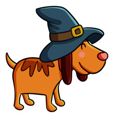 Funny and cute brown dog wearing witch hat for Halloween - vector.