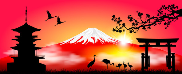 Mount Fuji in the morning at sunrise - obrazy, fototapety, plakaty