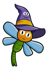 Cute and funny dragonfly wearing witch hat for Halloween - vector.
