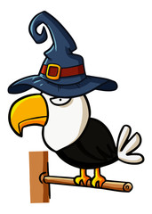 Funny and scary eagle wearing witch hat for Halloween - vector.