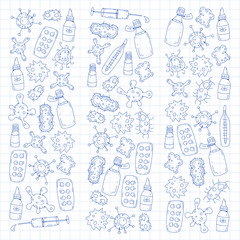 Cough, pills, influenza, flu, sickness. Vector pattern with doodle icons. Healthcare and medicine.