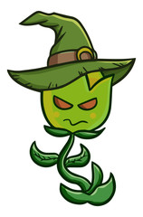 Funny and scary green flower wearing witch hat for Halloween - vector.