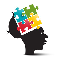 Colorful Puzzle in Human Brain. Open Head with Jigsaw Isolated on White Background. Invention and Solution Concepts.