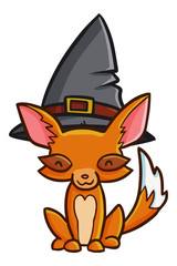 Cute and funny fox sitting and wearing witch hat for Halloween - vector.